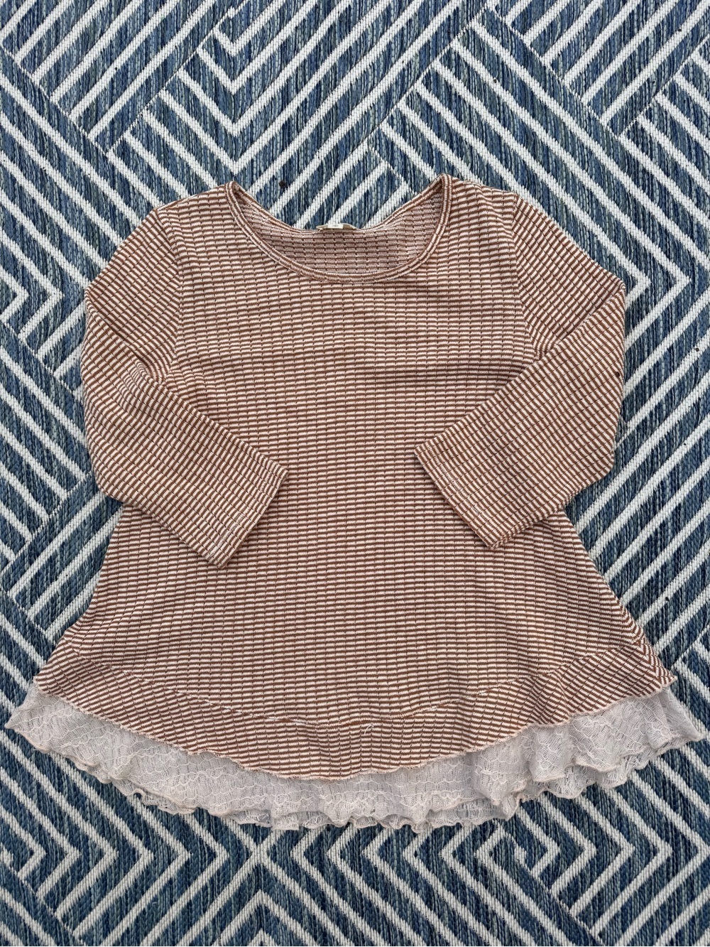 Hem & Thread Pink and White Striped Long-Sleeve Top with Lace Hem